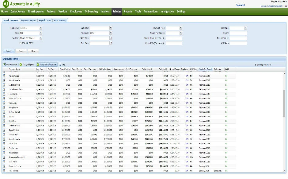 Accounts in a Jiffy screenshot: Salaries screen with payment search filters and a table of employee salaries