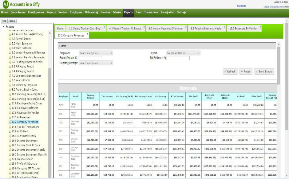 Accounts in a Jiffy screenshot: Company revenues report broken down by employee and month