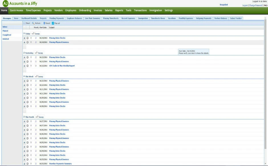 Accounts in a Jiffy screenshot: Home screen message center listing reminders such as missing data checks and missing physical invoices