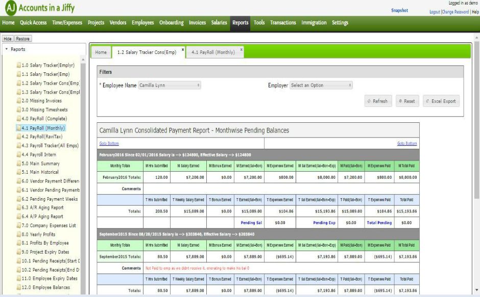 Accounts in a Jiffy screenshot: Monthly payroll report with month-wise pending balances for an employee