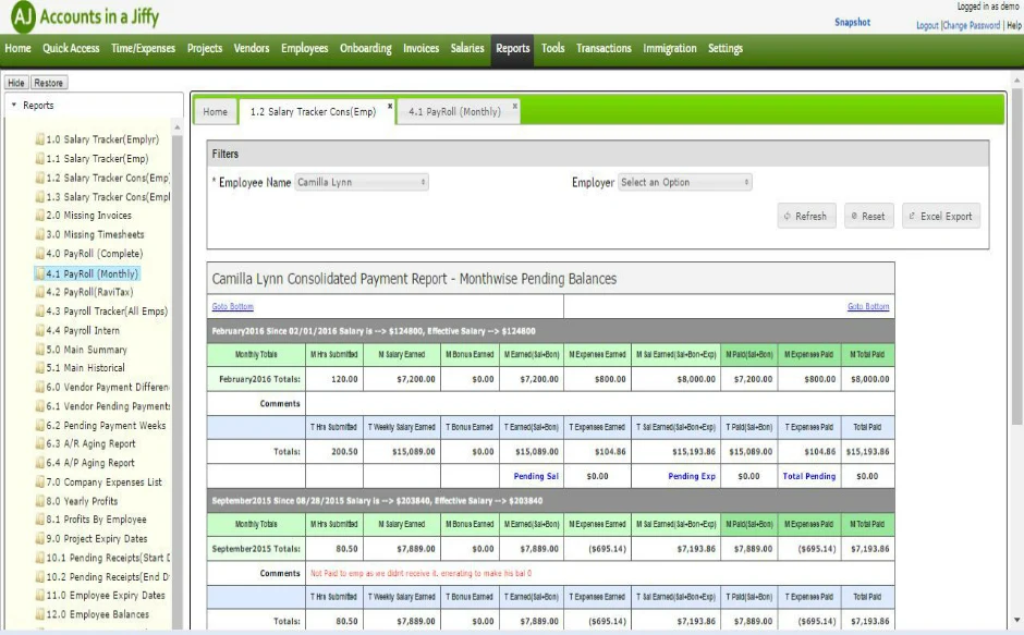 Accounts in a Jiffy screenshot: Monthly payroll report with month-wise pending balances for an employee