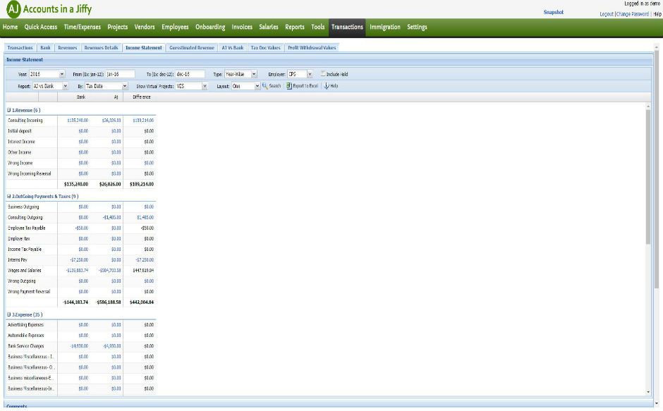 Accounts in a Jiffy screenshot: Transactions screen showing an income statement with income, payments and expense categories